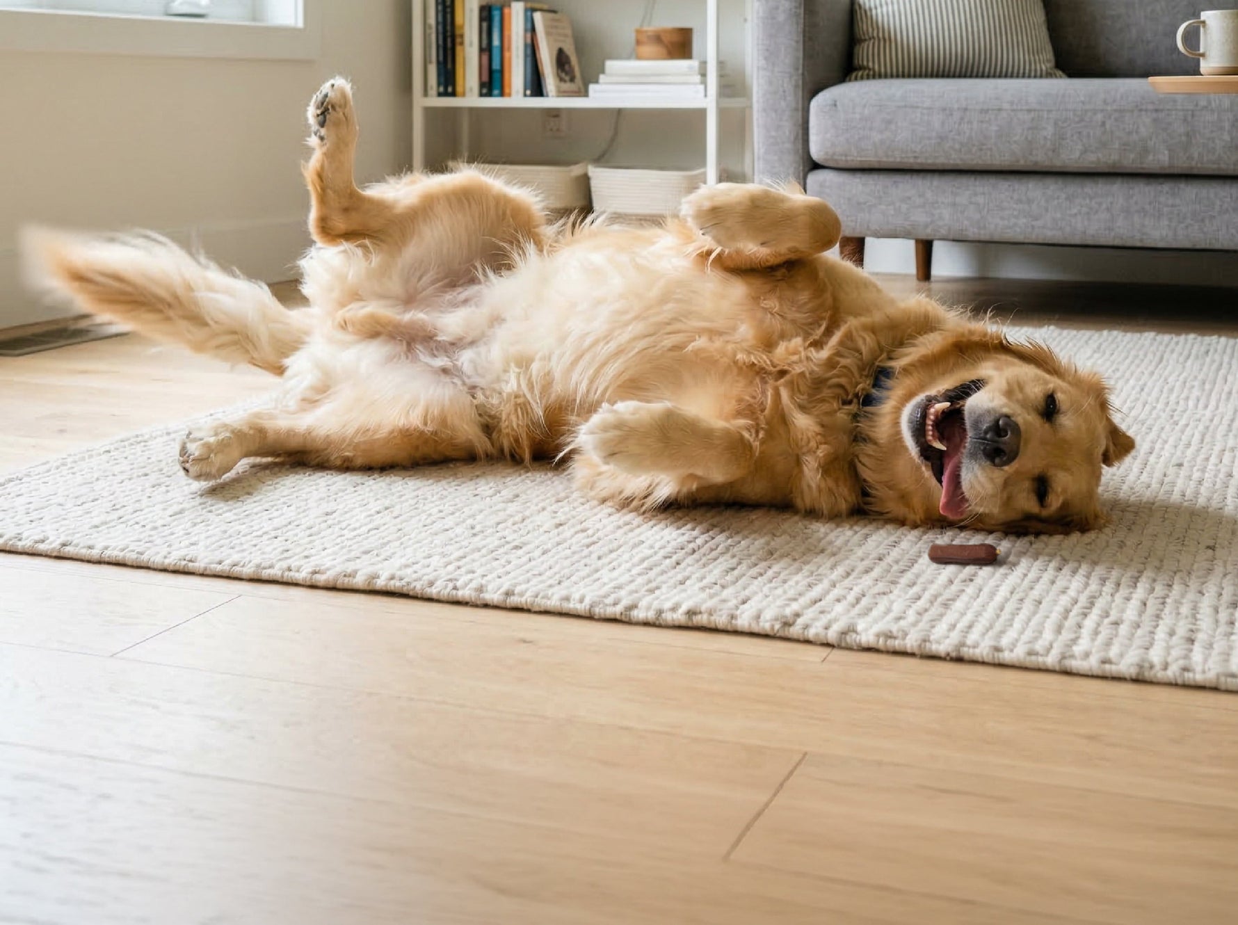 Happy Golden Retriever next to a treat: Duck sausage