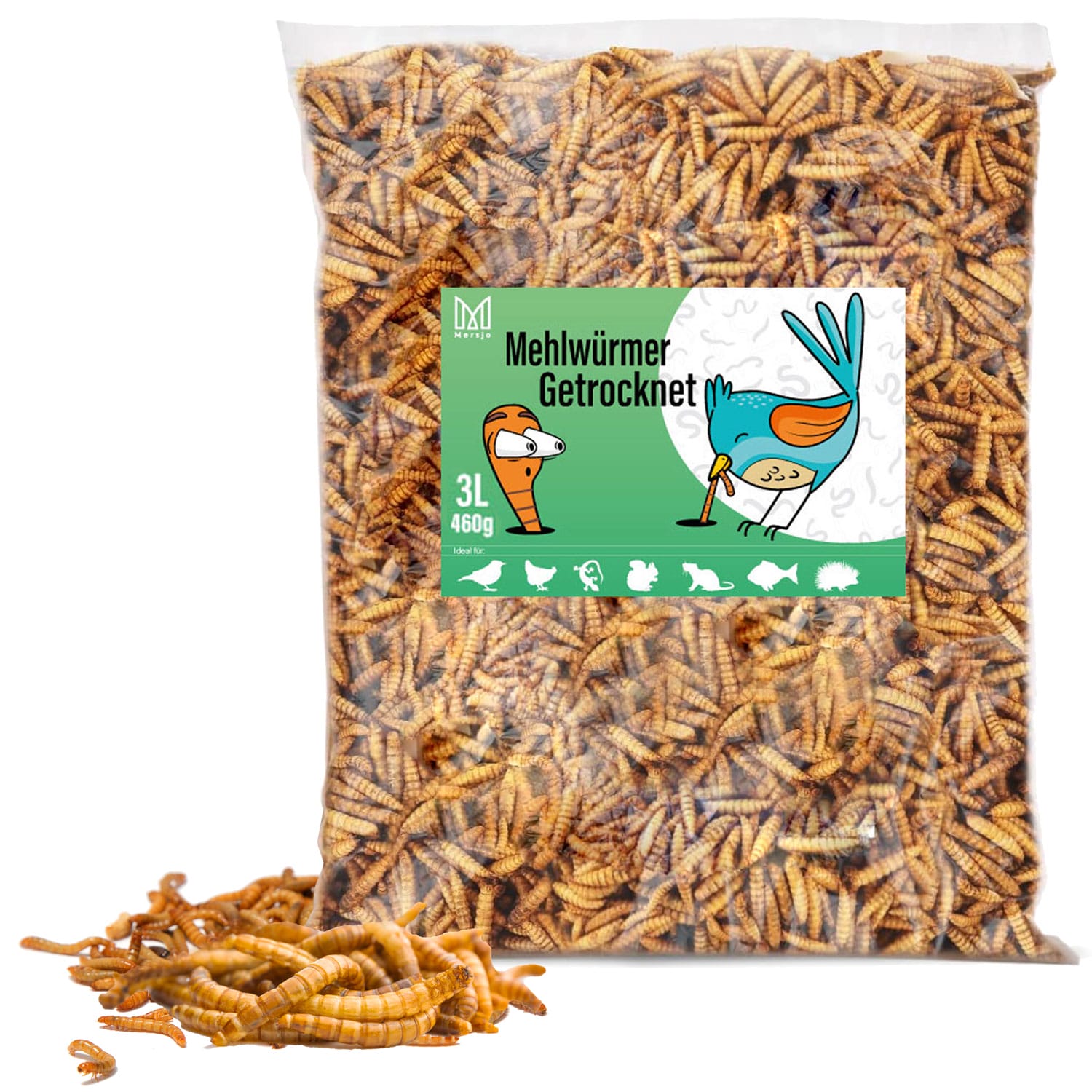 Getrocknete Mehlwürmer, Futter für Koi, Nagetiere, Igel, Vögel, Reptilien, Fische, Mersjo 3l 460g