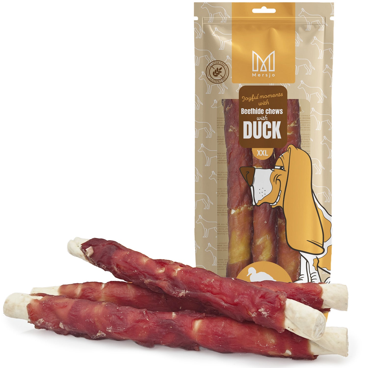 XXL-Kausnack 25cm aus Rinderhaut mit Entenbrust, Hundesnack, Mersjo, 240g