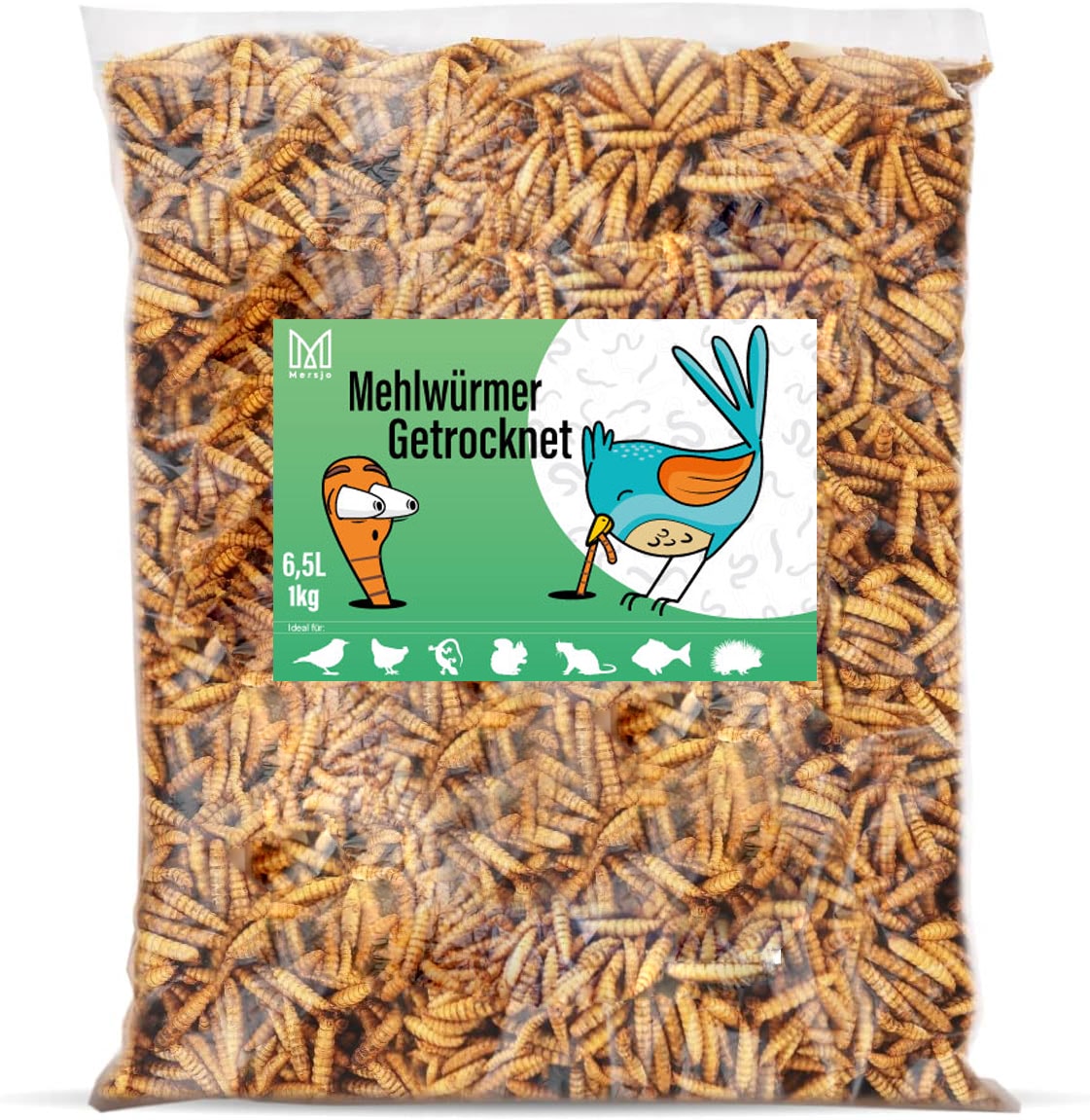 Getrocknete Mehlwürmer, Futter für Koi, Nagetiere, Igel, Vögel, Reptilien, Fische, Mersjo 6,5l 1kg