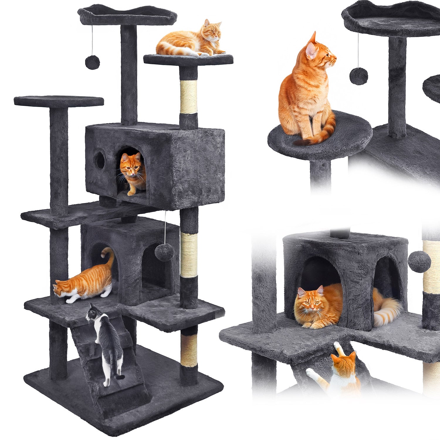 Kratzbaum für Katzen, stabil, hoch, 7 Ebenen, Schlafplatz dunkelgrau 138cm