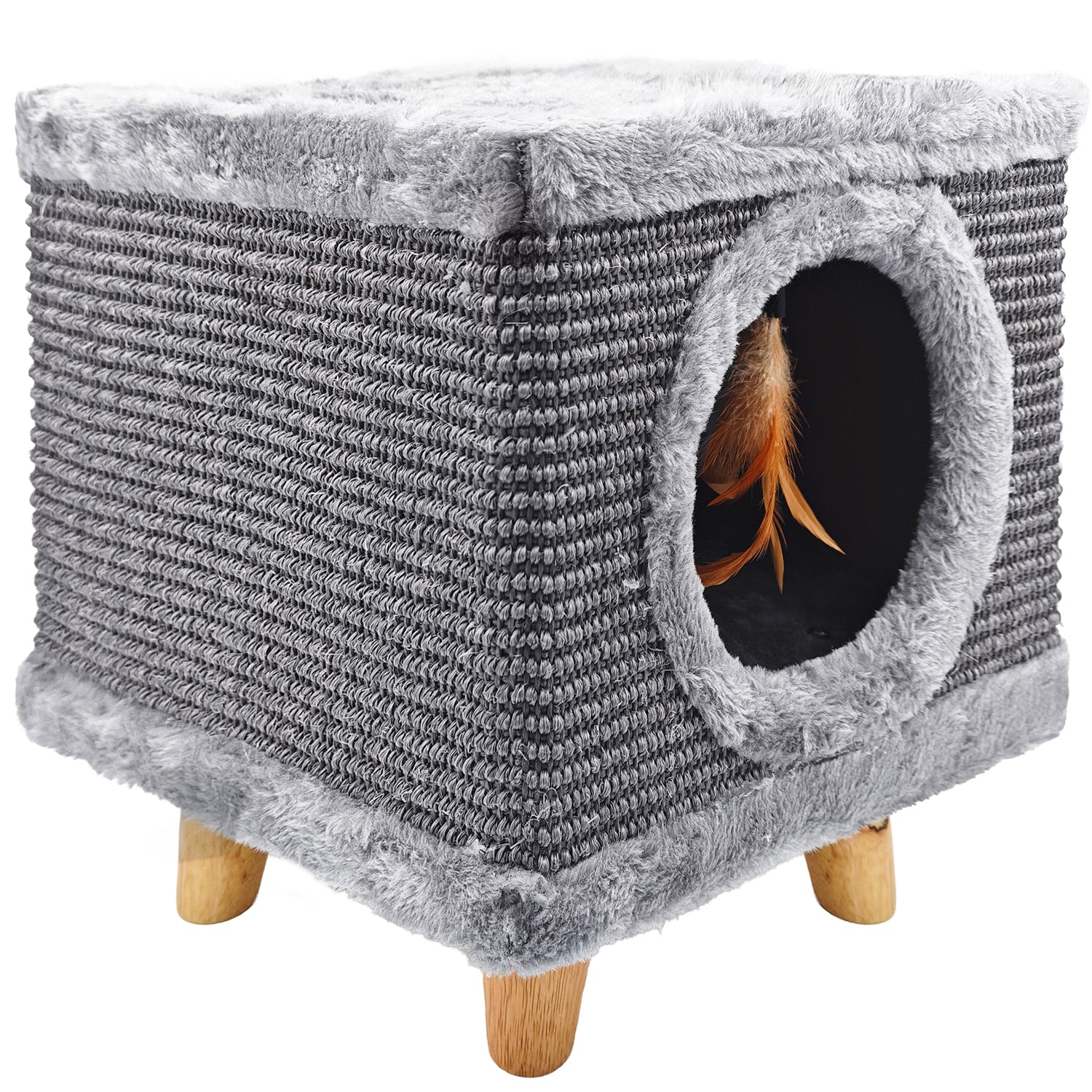 Robuster Kratzbaum für Katzen, Höhle, Haus mit Feder und Schlafplatz 38 cm