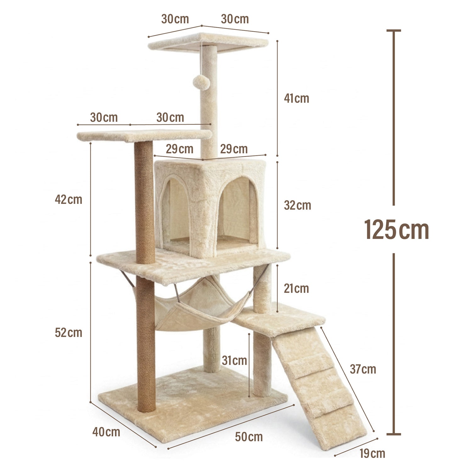 Kratzbaum für Katzen, Haus mit Spielzeug, hoch, 6 Ebenen, Schlafplatz, Comfort Line beige