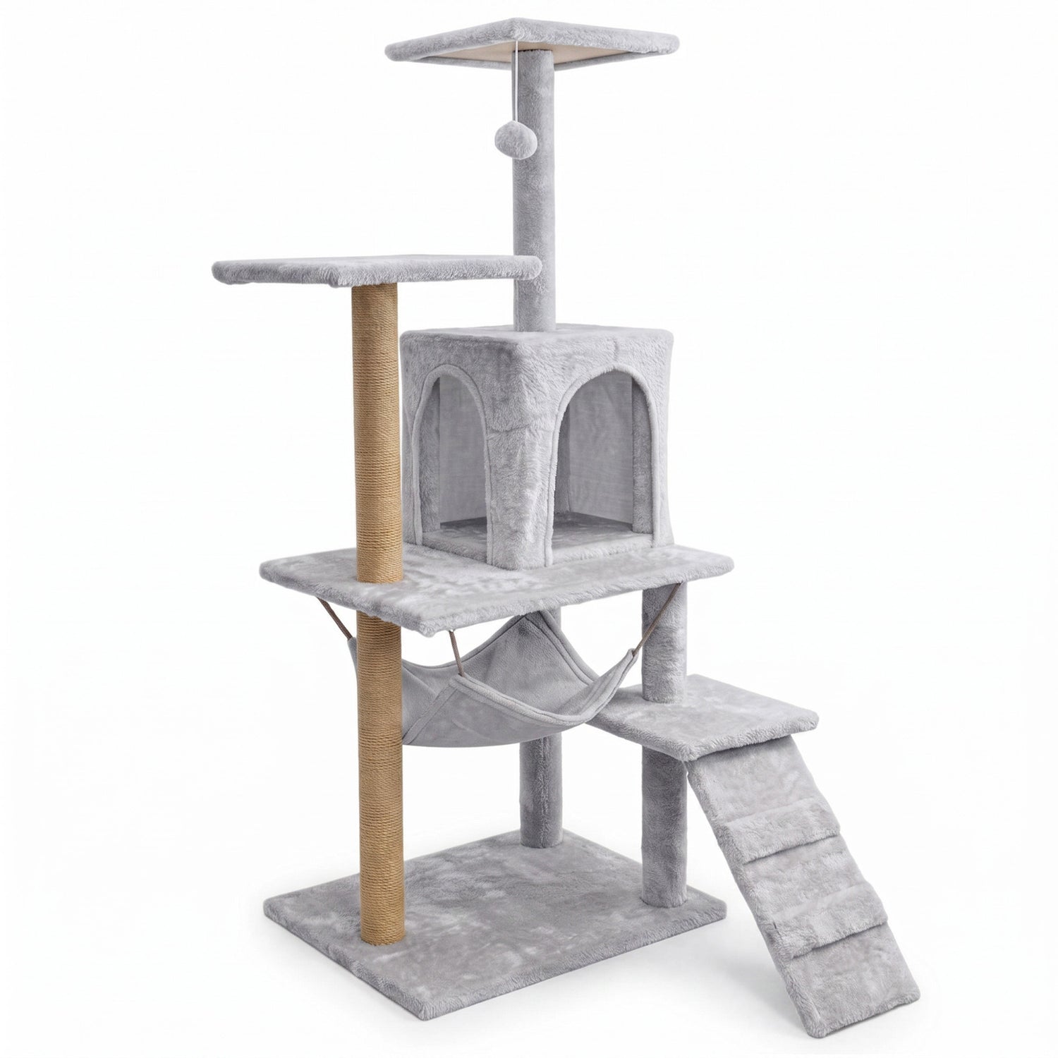 Kratzbaum für Katzen, Haus mit Spielzeug, hoch, 6 Ebenen, Schlafplatz, Comfort Line hellgrau
