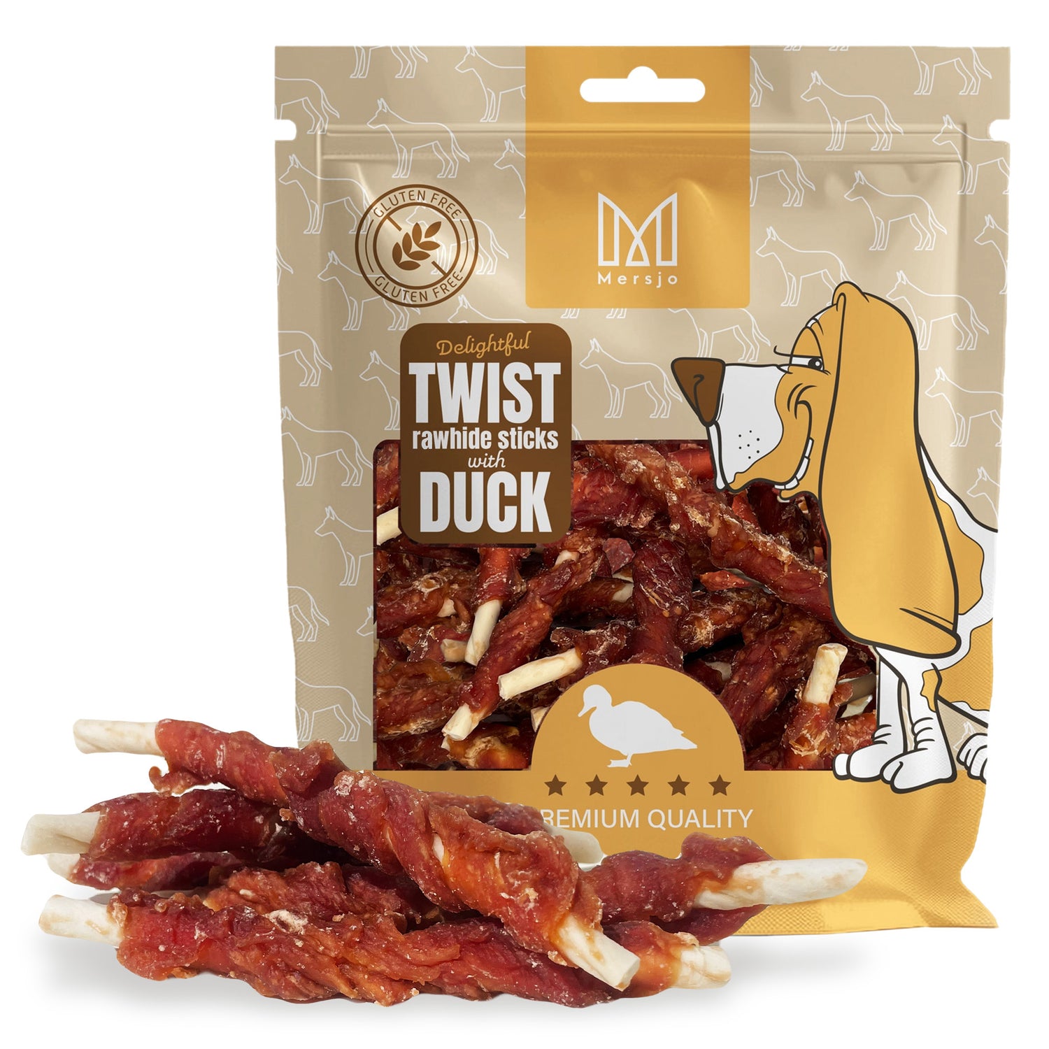 Přírodní kousací pamlsky twist ze surové kůže s kachním masem, pamlsek pro psy, Mersjo, 500g