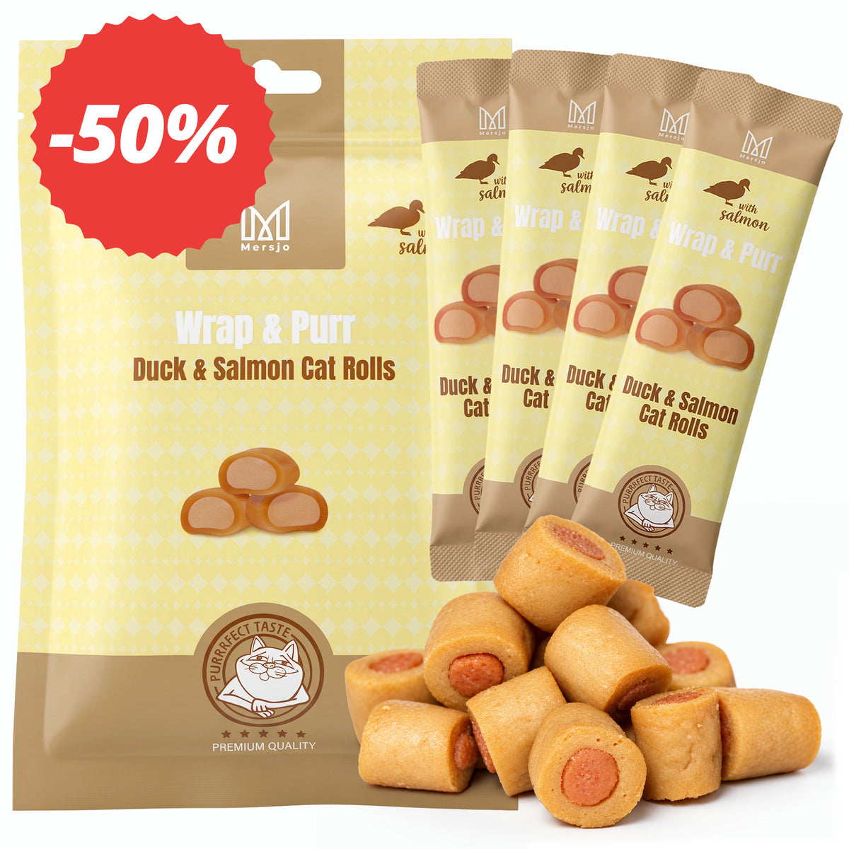 Pamlsek pro kočky - Wrap & Purr: Duck & Salmon Mersjo 40g (4x10g)