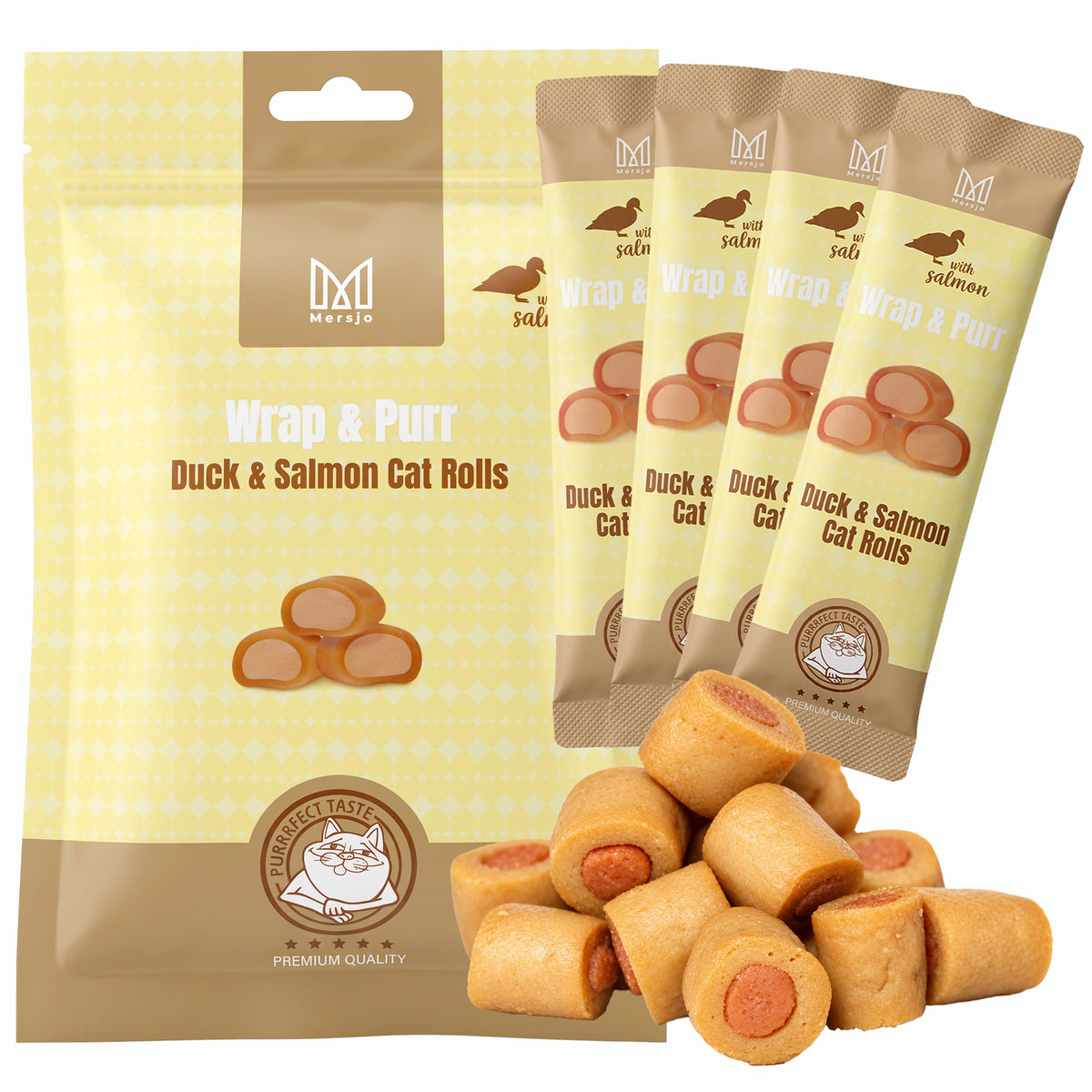 Przysmak dla kota - Wrap & Purr: Duck & Salmon Mersjo 40g (4x10g)