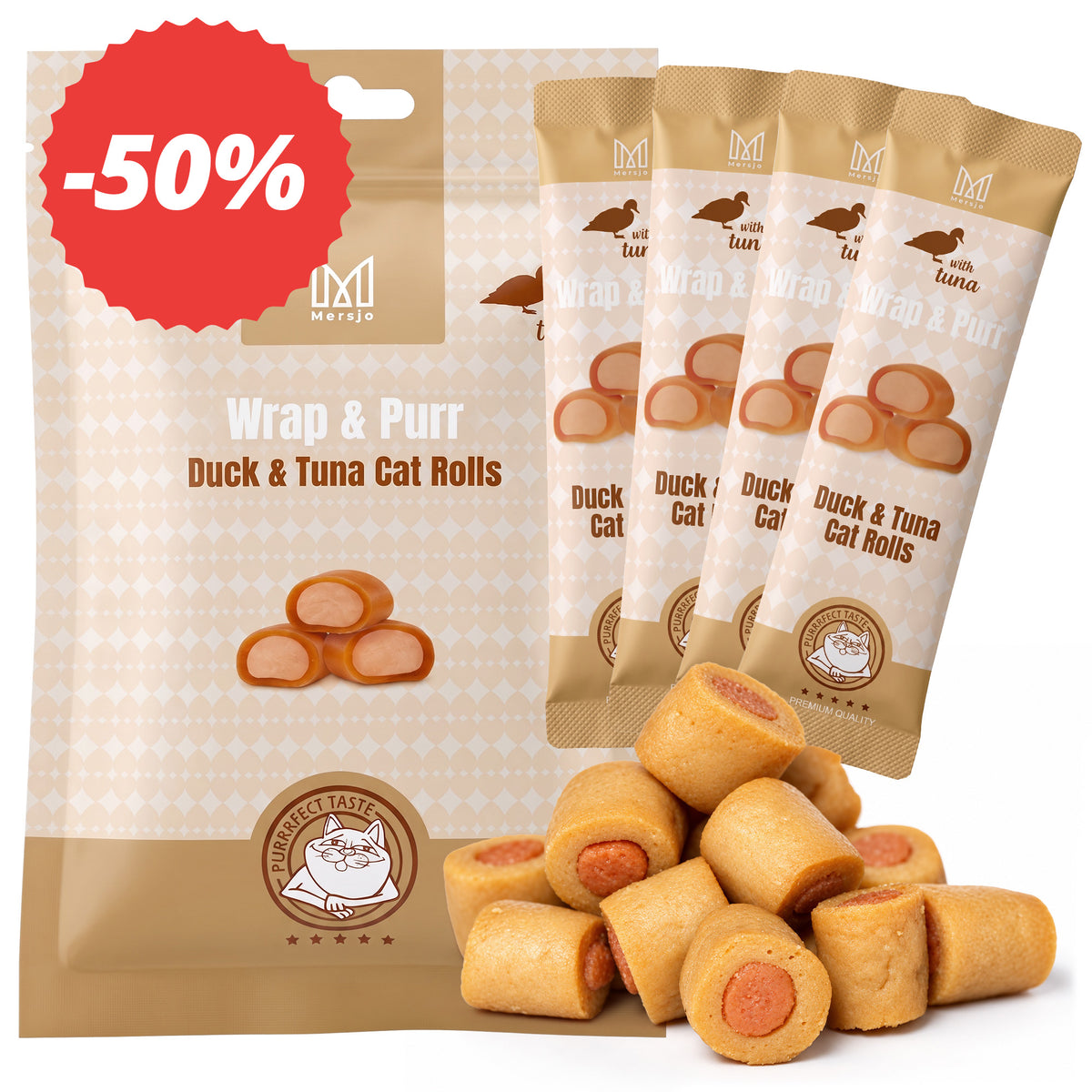 Pamlsek pro kočky - Wrap & Purr: Duck & Tuna Mersjo 40g (4x10g)