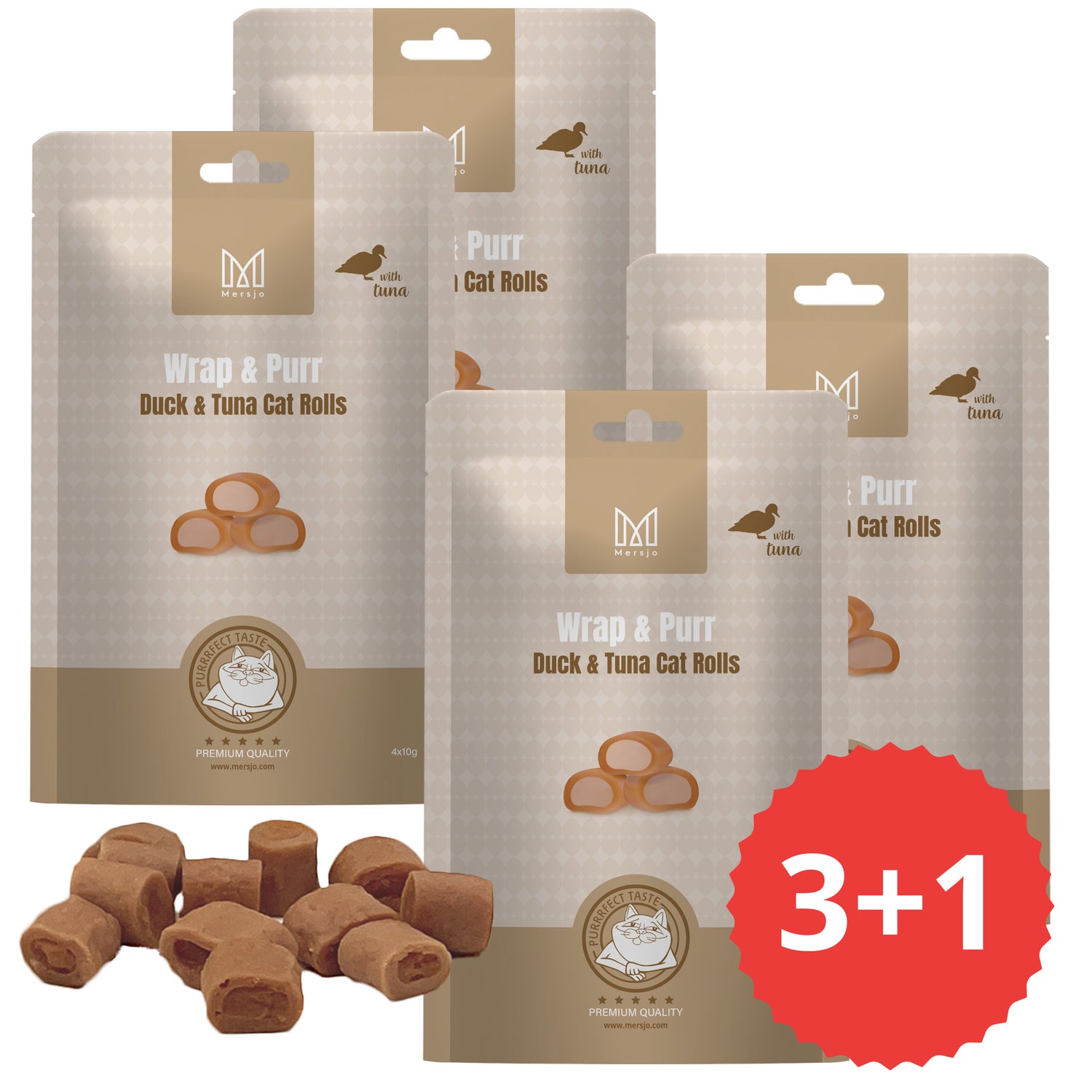 3+1 SET: Katzensnack - Wrap & Purr: Ente & Thunfisch Mersjo 160g (4x40g)