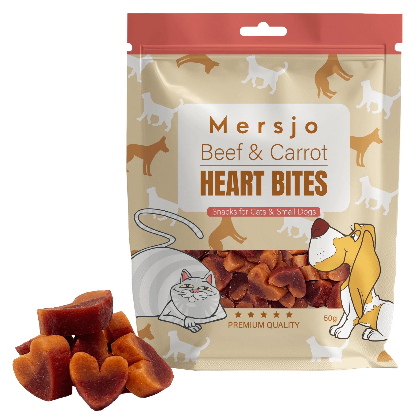 Snack für Hund und Katze - Herz-Duo: Rind mit Karotte Mersjo 50g
