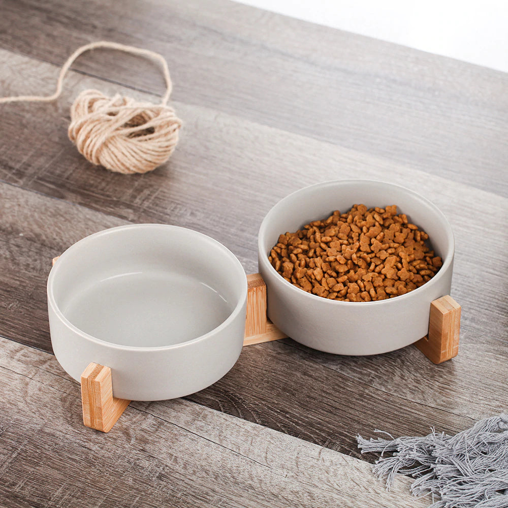 Keramická dvojitá miska dřevěná Gerda šedá 2x400 ml